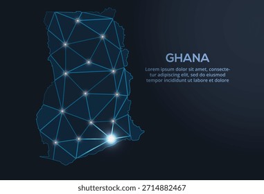 Geometric low-poly vector depiction of Ghana, showing illuminated cities and population clusters as sparkling dots and space-inspired stars. digital communication network