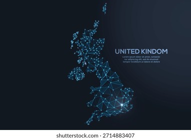 Representación geométrica de Vector de baja poli de Gran Bretaña, que muestra ciudades iluminadas y grupos de población como puntos brillantes y estrellas inspiradas en el espacio
