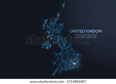 Geometric low-poly vector depiction of Great Britain, showing illuminated cities and population clusters as sparkling dots and space-inspired stars. digital communication network