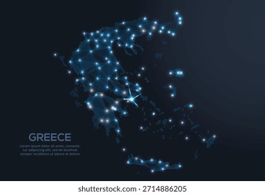 Representación geométrica de Vector de baja poli de Grecia, que muestra ciudades iluminadas y grupos de población como puntos brillantes y estrellas inspiradas en el espacio
