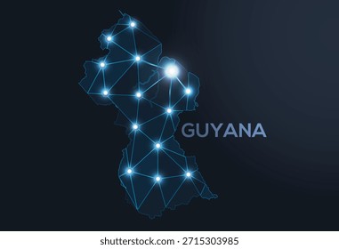 Representación geométrica de Vector de baja poli de Guyana, que muestra ciudades iluminadas y grupos de población como puntos brillantes y estrellas inspiradas en el espacio