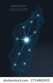 Geometric low-poly vector depiction of Madagascar, showing illuminated cities and population clusters as sparkling dots and space-inspired stars. digital communication network