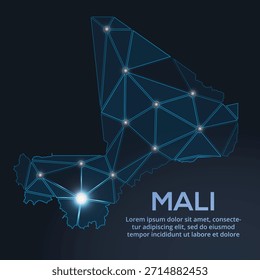 Representación geométrica de Vector de baja poli de Malí, que muestra ciudades iluminadas y grupos de población como puntos brillantes y estrellas inspiradas en el espacio