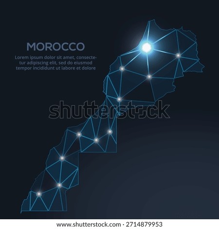 Geometric low-poly vector depiction of Morocco, showing illuminated cities and population clusters as sparkling dots and space-inspired stars. digital communication network