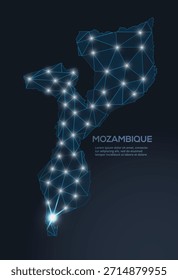 Representación geométrica de Vector de baja poli de Mozambique, que muestra ciudades iluminadas y grupos de población como puntos brillantes y estrellas inspiradas en el espacio