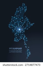 Representación geométrica de Vector de baja poli de Myanmar, que muestra ciudades iluminadas y grupos de población como puntos brillantes y estrellas inspiradas en el espacio