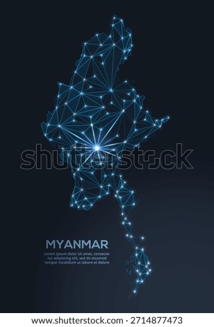 Geometric low-poly vector depiction of Myanmar, showing illuminated cities and population clusters as sparkling dots and space-inspired stars. digital communication network
