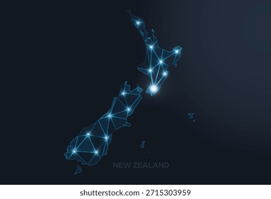 Geometric low-poly vector depiction of New Zealand, showing illuminated cities and population clusters as sparkling dots and space-inspired stars. digital communication network