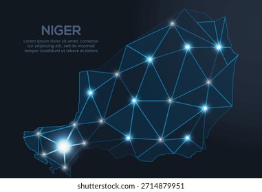 Representación geométrica de Vector de baja poli de Níger, que muestra ciudades iluminadas y grupos de población como puntos brillantes y estrellas inspiradas en el espacio