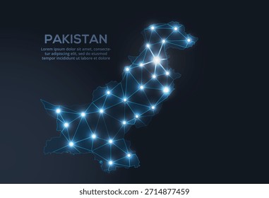 Geometrische Low-Poly-Vektorgrafik von Pakistan, die beleuchtete Städte und Bevölkerungsgruppen als funkelnde Punkte und weltrauminspirierte Sterne zeigt. digitales Kommunikationsnetz