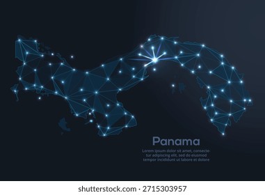 Geometric low-poly vector depiction of Panama, showing illuminated cities and population clusters as sparkling dots and space-inspired stars. digital communication network