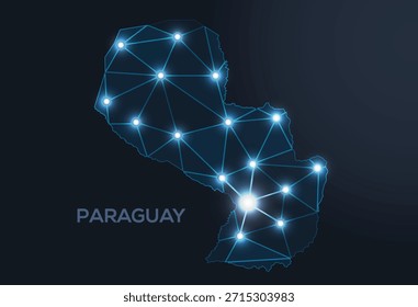 Geometric low-poly vector depiction of Paraguay, showing illuminated cities and population clusters as sparkling dots and space-inspired stars. digital communication network