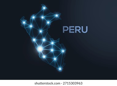 Representação vetorial geométrica de baixo poli do Peru, mostrando cidades iluminadas e aglomerados populacionais como pontos cintilantes e estrelas inspiradas no espaço.