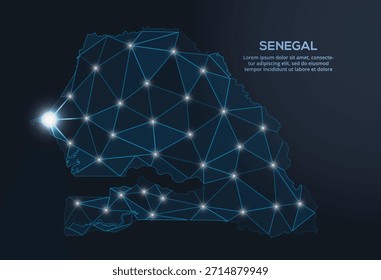 Representación geométrica de Vector de baja poli de Senegal, que muestra ciudades iluminadas y grupos de población como puntos brillantes y estrellas inspiradas en el espacio