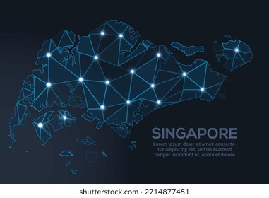 Representação vetorial geométrica de baixo poli de Singapura, mostrando cidades iluminadas e aglomerados populacionais como pontos cintilantes e estrelas inspiradas no espaço.