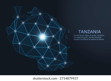 Representação vetorial geométrica de baixo poli da Tanzânia, mostrando cidades iluminadas e aglomerados populacionais como pontos cintilantes e estrelas inspiradas no espaço.
