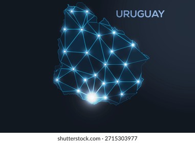 Geometric low-poly vector depiction of Uruguay, showing illuminated cities and population clusters as sparkling dots and space-inspired stars. digital communication network