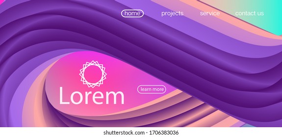 Geometric Lucid Gradient Wallpaper. Landing Page, Pink, Purple Background. Trendy Liquid Flow Banner. Neon Color Website Layout. 3d Fluid Vivid Vector Background. Dynamic Motion Modern Wave.
