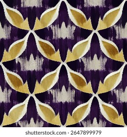 Geometrische Luxe bloeit in paars en goud, grunge lijnen ikat patroon, ikat naadloos patroon, Vector illustratie achtergrond voor het afdrukken van het papier.