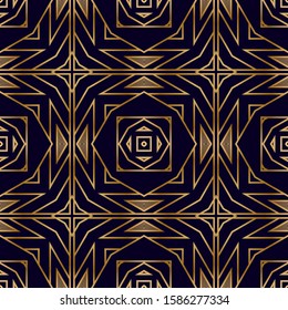 Geometric Luxury Seamless Pattern. Vintage Print Texture. Seamless Pattern in Art Deco Style with Gold. Chic Print Texture. Retro Mosaic Background.