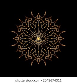 Geometric mandala with an all seeing eye at the center, surrounded by weird patterns, symbolizing spirituality and enlightenment.