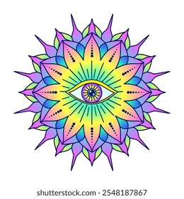 Geometric mandala with an all seeing eye at the center on white background.