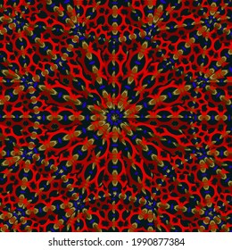 mandala geométrica con mosaico negro y rojo.