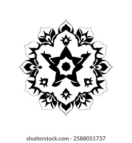 Geometric Mandala: Black and White Symmetrical Floral Pattern Design. Perfect for digital art prints, home decor, and textile design.