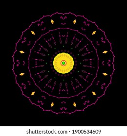geometric mandala or circular repeating overlay on black background.