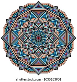 Geometric mandala. Colorful zigzag ornament. Round element for design. Decorative ornament. Ethnic Fractal Mandala. Graphic element.