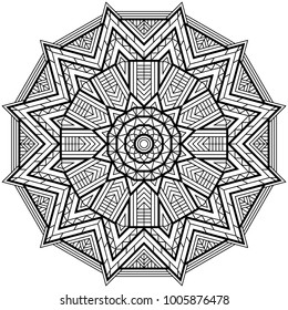 Geometric mandala. Coloring book page. Zigzag ornament. Round element for design. Decorative ornament. Sketch for tattoo. Ethnic Fractal Mandala. Graphic element.