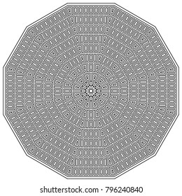 Geometric mandala. Coloring book page. Zigzag ornament. Round element for design. Decorative ornament. Sketch for tattoo. Ethnic Fractal Mandala. Graphic element.
