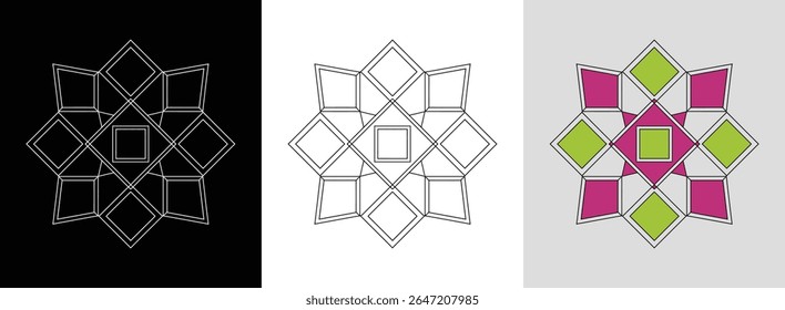 Geometric mandala with concentric shapes and bright symmetrical outlines for bold decor.