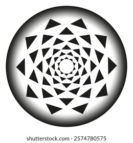 Geometric mandala design. Abstract radial symmetry. Monochrome vector illustration. Circular black shape.