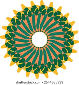 Geometric mandala design with green, orange, and yellow color scheme.