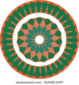 Geometric mandala design with green and orange color scheme.