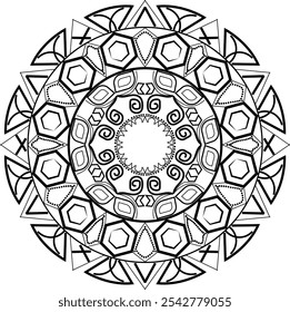 Geometric Mandala Design with Hexagons and Swirling Patterns, Ideal for Coloring Pages, Meditation Art, Tattoo Inspirations, Boho Decor,
 Mindfulness Coloring, and Graphic Design Elements
