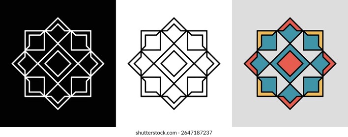 Geometric mandala with diamond shapes and interconnected lines for modern decorative art.