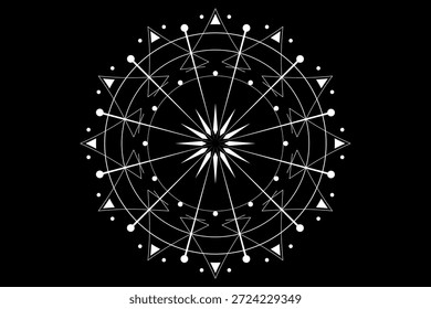 Mandala geométrico, brújula direccional con flechas circulares, símbolo sagrado místico, diseño del tatuaje del logotipo, Ilustración vectorial blanca aislada sobre fondo negro