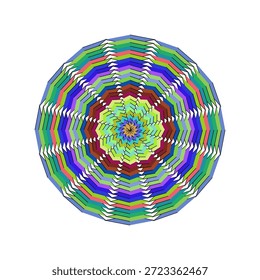 Un mandala geométrico con una mezcla de Elementos en zigzag verdes, azules y marrones en una disposición circular simétrica sobre blanco.