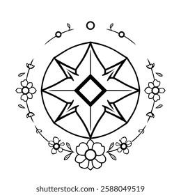 Geometric Mandala with Floral Design: Black and White Line Art, Spiritual Symbol, Tattoo, Vintage, Elegant, Simple Aesthetic