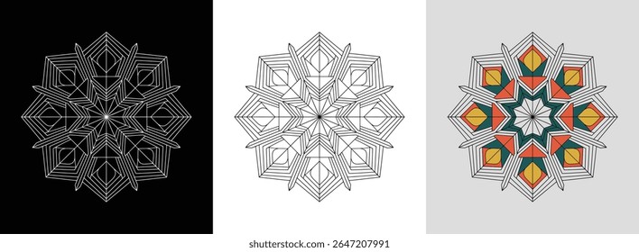 Geometric mandala with floral ornament and symmetrical lines for stylish decorative art.