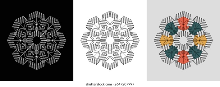Geometric mandala with floral ornament and symmetrical lines for elegant decorative art.