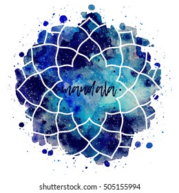 Geometric mandala flower frame. Watercolor texture and splash. Blue, purple, turquoise colors. Cosmic space texture. Vector illustration edited