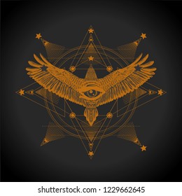 Geometric mandala with flying eagle and all seeing eye. Vintage henna tattoo.