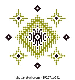 Geometric mandala of green and black squares in a flat style ornament in the form of pixels. Embroidery dotted schemes. Textile geo prints. Pixel navajo backgrounds.