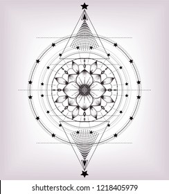 Geometric mandala with hand drawn lotus flower and stars. Stylized wheel samsara.