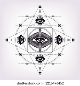 Geometric mandala with hand drawn ravens and eyes of providence. Masonic symbol with all seeing eye and wings.Sketch print for t shirt and tattoo art. Sacred geometry. Alchemy, astrology, astronomy.