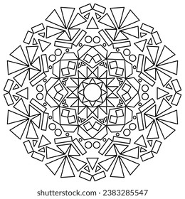 Estilo de mandala geométrica con líneas negras, forma circular sobre fondo blanco, motivo, dibujo étnico, botánico. Para colorear libro, decoración, tatuaje, papel pintado, tarjeta, pegatina, ilustración vectorial.