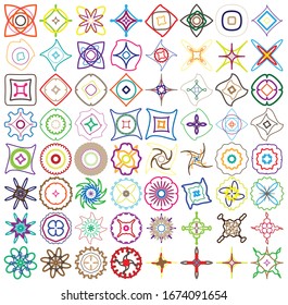 Geometric mandala / ornament / decoration symbol, icon. Simple, basic circular, concentric abstract design element. Lotus, floral motif (Colorful, multi-color thick lined, outline version)